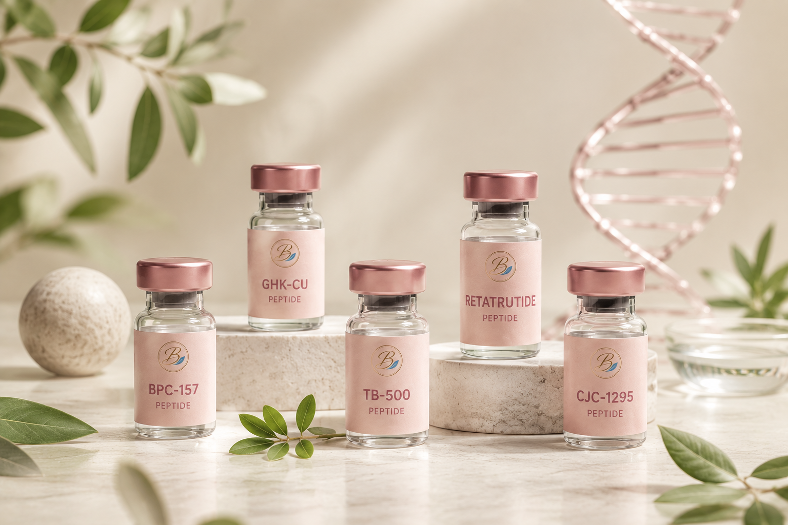 Luxury peptide bottle presentation with clinical wellness styling